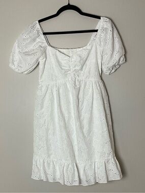 D & M White Eyelet Puff-Sleeve Summer Dress Milkmaid Cottagecore Feminine size S